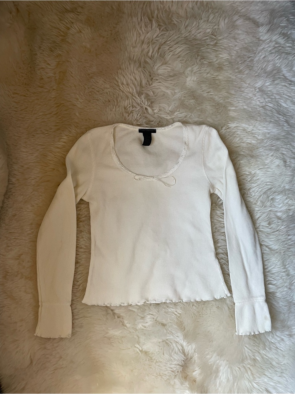 Vintage The limited waffle knit scoop neck thermal cream ruffle long sleeve